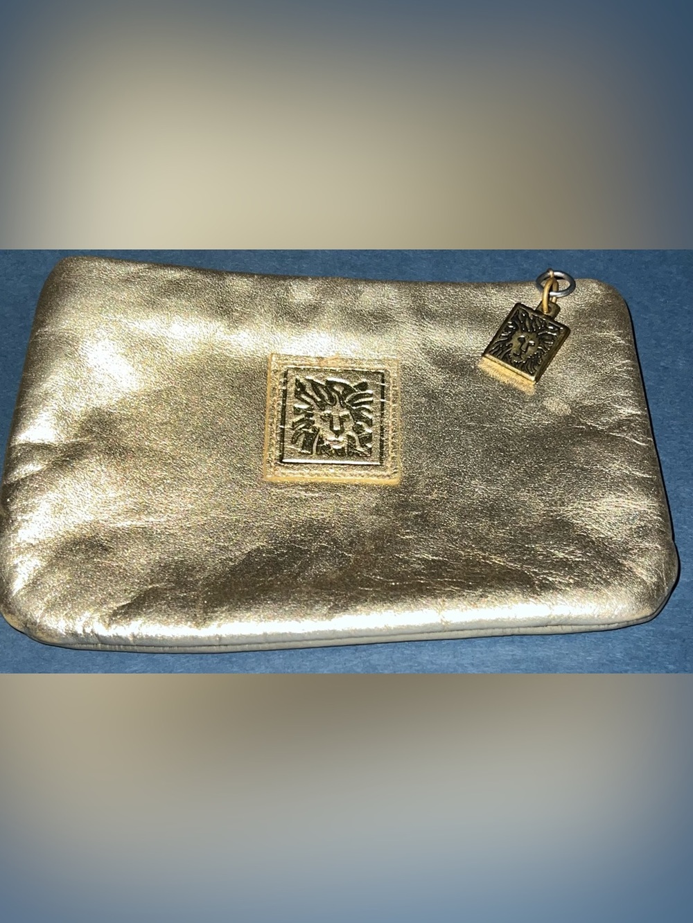 VTG Anne Klein by St. Thomas Gold Metallic Leather Cosmetic Pouch Wallet w/ Logo